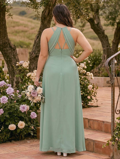 Robe Longue de Demoiselle d'Honneur Grande Taille Ligne A/Princesse Col en V Sans Manches avec Plis Ruchés