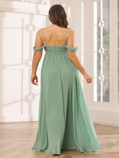Robe de Demoiselled'Honneur Grande Taille, Coupe Trapèze/Princesse, Bretelles Spaghetti, Épaules Dénudées, Longue avec Fente Latérale