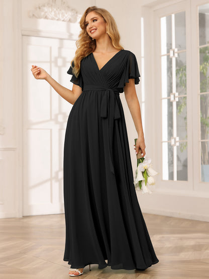 Forme Princesse Col V Manches courtes Longue Robes de demoiselle d'honneur avec Ceinture