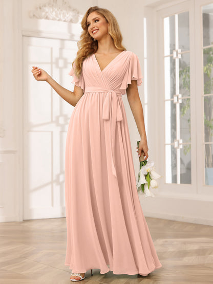 Forme Princesse Col V Manches courtes Longue Robes de demoiselle d'honneur avec Ceinture