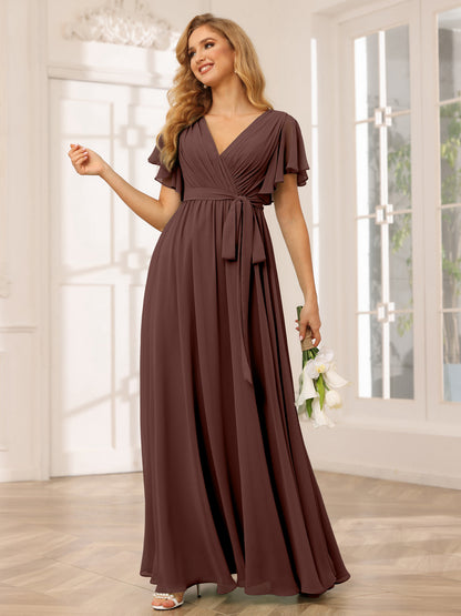 Forme Princesse Col V Manches courtes Longue Robes de demoiselle d'honneur avec Ceinture