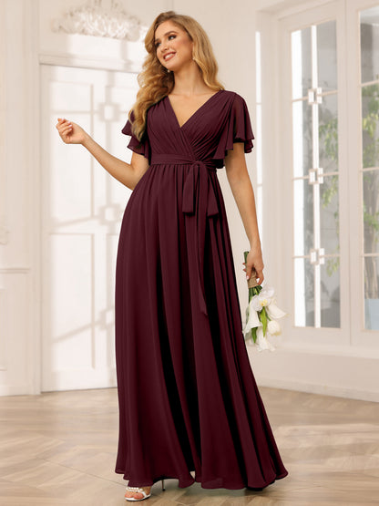 Forme Princesse Col V Manches courtes Longue Robes de demoiselle d'honneur avec Ceinture