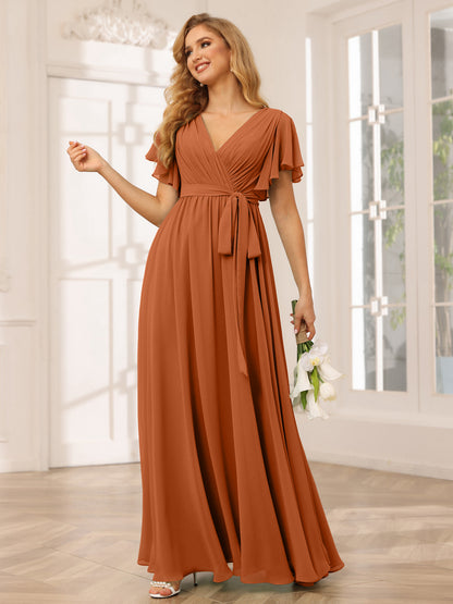 Forme Princesse Col V Manches courtes Longue Robes de demoiselle d'honneur avec Ceinture
