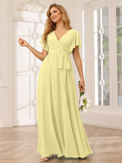 Forme Princesse Col V Manches courtes Longue Robes de demoiselle d'honneur avec Ceinture