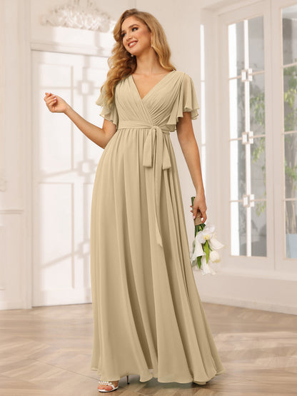 Forme Princesse Col V Manches courtes Longue Robes de demoiselle d'honneur avec Ceinture