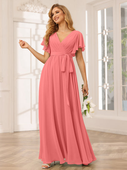 Forme Princesse Col V Manches courtes Longue Robes de demoiselle d'honneur avec Ceinture