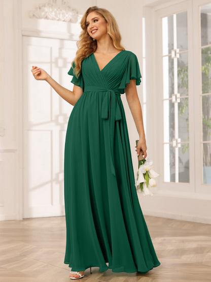 Forme Princesse Col V Manches courtes Longue Robes de demoiselle d'honneur avec Ceinture