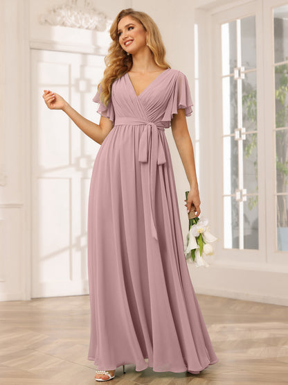 Forme Princesse Col V Manches courtes Longue Robes de demoiselle d'honneur avec Ceinture