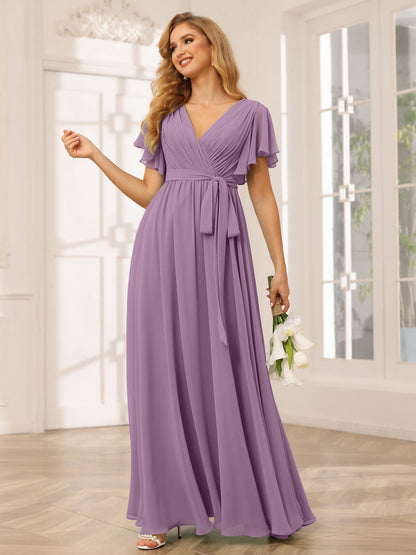 Forme Princesse Col V Manches courtes Longue Robes de demoiselle d'honneur avec Ceinture
