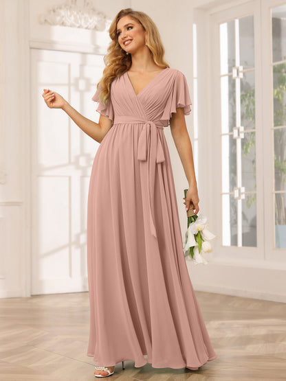 Forme Princesse Col V Manches courtes Longue Robes de demoiselle d'honneur avec Ceinture