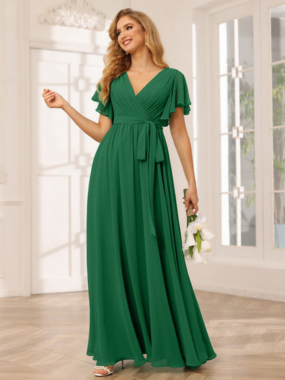 Forme Princesse Col V Manches courtes Longue Robes de demoiselle d'honneur avec Ceinture