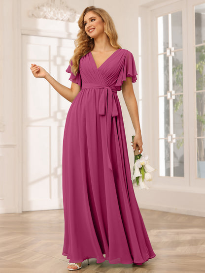 Forme Princesse Col V Manches courtes Longue Robes de demoiselle d'honneur avec Ceinture