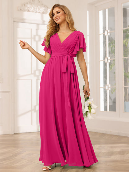 Forme Princesse Col V Manches courtes Longue Robes de demoiselle d'honneur avec Ceinture