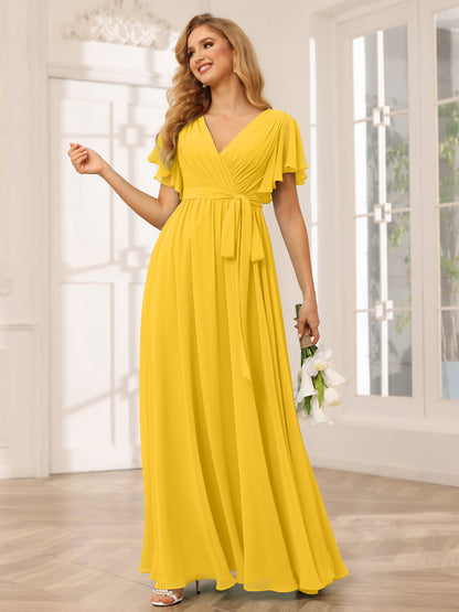 Forme Princesse Col V Manches courtes Longue Robes de demoiselle d'honneur avec Ceinture
