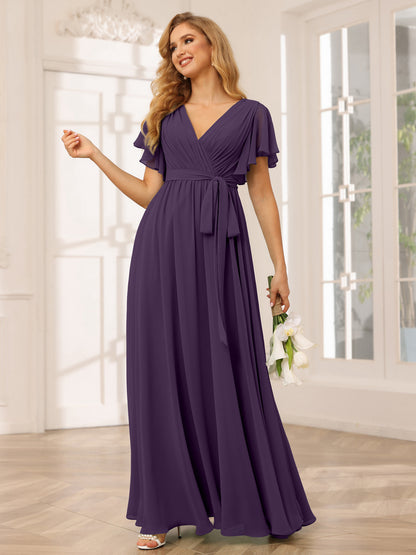 Forme Princesse Col V Manches courtes Longue Robes de demoiselle d'honneur avec Ceinture