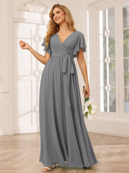 Forme Princesse Col V Manches courtes Longue Robes de demoiselle d'honneur avec Ceinture