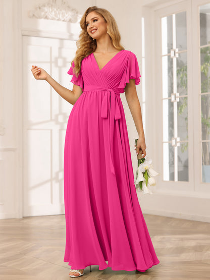 Forme Princesse Col V Manches courtes Longue Robes de demoiselle d'honneur avec Ceinture