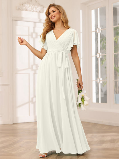 Forme Princesse Col V Manches courtes Longue Robes de demoiselle d'honneur avec Ceinture
