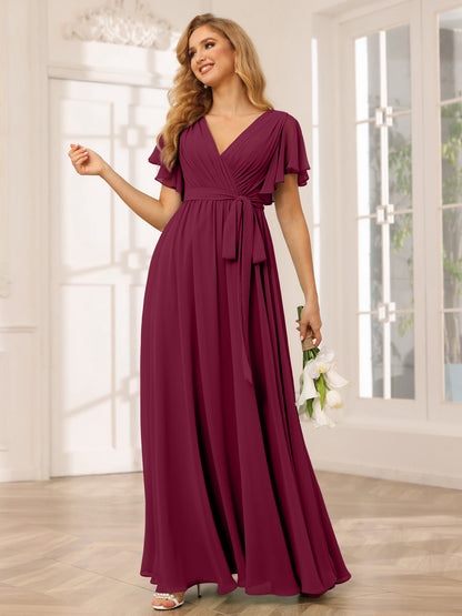 Forme Princesse Col V Manches courtes Longue Robes de demoiselle d'honneur avec Ceinture