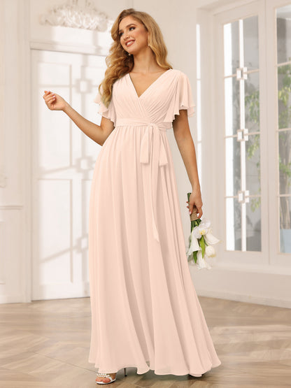 Forme Princesse Col V Manches courtes Longue Robes de demoiselle d'honneur avec Ceinture
