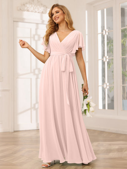 Forme Princesse Col V Manches courtes Longue Robes de demoiselle d'honneur avec Ceinture