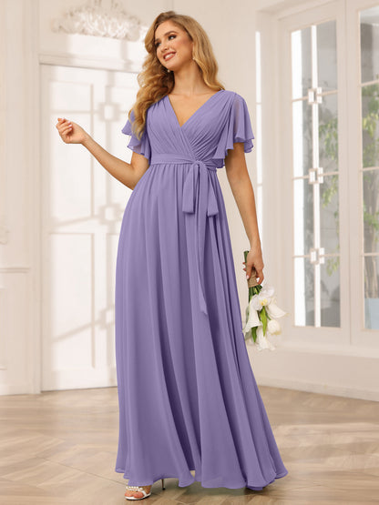Forme Princesse Col V Manches courtes Longue Robes de demoiselle d'honneur avec Ceinture