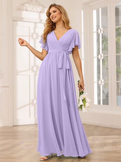 Forme Princesse Col V Manches courtes Longue Robes de demoiselle d'honneur avec Ceinture