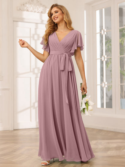 Forme Princesse Col V Manches courtes Longue Robes de demoiselle d'honneur avec Ceinture