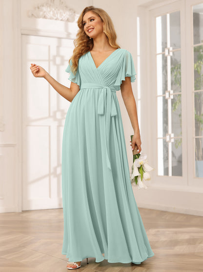 Forme Princesse Col V Manches courtes Longue Robes de demoiselle d'honneur avec Ceinture