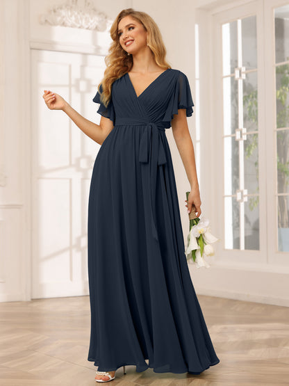 Forme Princesse Col V Manches courtes Longue Robes de demoiselle d'honneur avec Ceinture