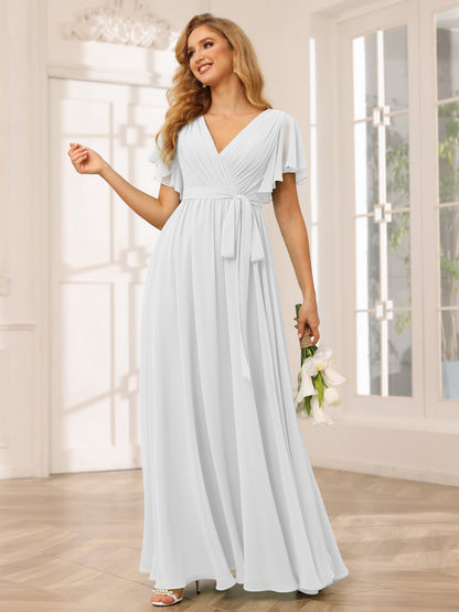 Forme Princesse Col V Manches courtes Longue Robes de demoiselle d'honneur avec Ceinture