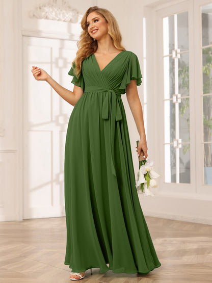 Forme Princesse Col V Manches courtes Longue Robes de demoiselle d'honneur avec Ceinture