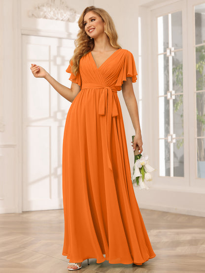 Forme Princesse Col V Manches courtes Longue Robes de demoiselle d'honneur avec Ceinture