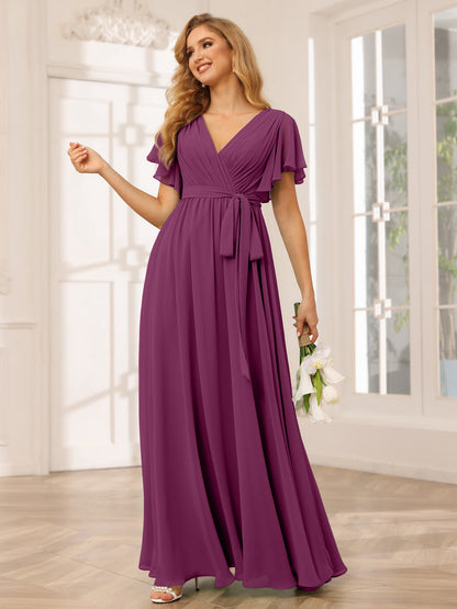 Forme Princesse Col V Manches courtes Longue Robes de demoiselle d'honneur avec Ceinture