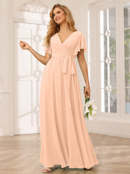 Forme Princesse Col V Manches courtes Longue Robes de demoiselle d'honneur avec Ceinture