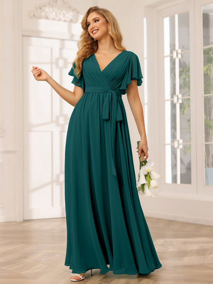 Forme Princesse Col V Manches courtes Longue Robes de demoiselle d'honneur avec Ceinture