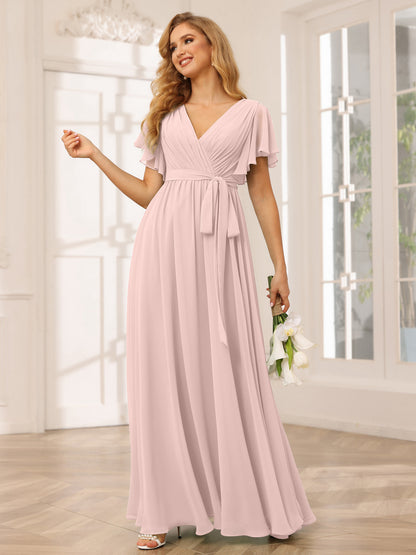 Forme Princesse Col V Manches courtes Longue Robes de demoiselle d'honneur avec Ceinture