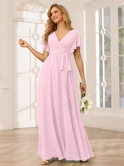 Forme Princesse Col V Manches courtes Longue Robes de demoiselle d'honneur avec Ceinture