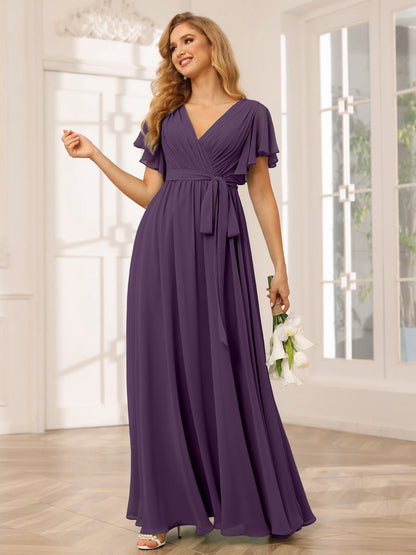 Forme Princesse Col V Manches courtes Longue Robes de demoiselle d'honneur avec Ceinture