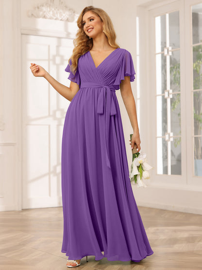 Forme Princesse Col V Manches courtes Longue Robes de demoiselle d'honneur avec Ceinture
