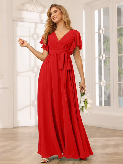 Forme Princesse Col V Manches courtes Longue Robes de demoiselle d'honneur avec Ceinture