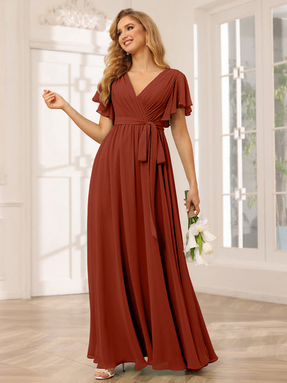 Forme Princesse Col V Manches courtes Longue Robes de demoiselle d'honneur avec Ceinture