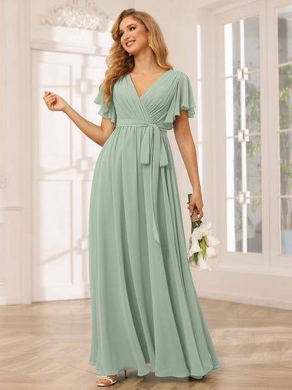 Forme Princesse Col V Manches courtes Longue Robes de demoiselle d'honneur avec Ceinture