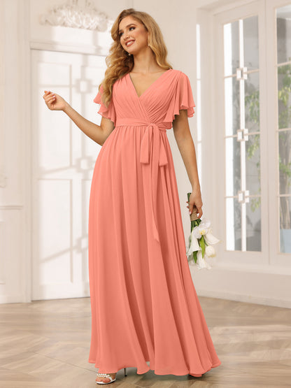 Forme Princesse Col V Manches courtes Longue Robes de demoiselle d'honneur avec Ceinture