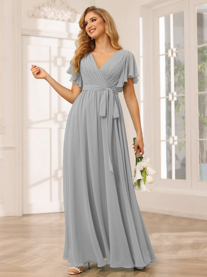 Forme Princesse Col V Manches courtes Longue Robes de demoiselle d'honneur avec Ceinture