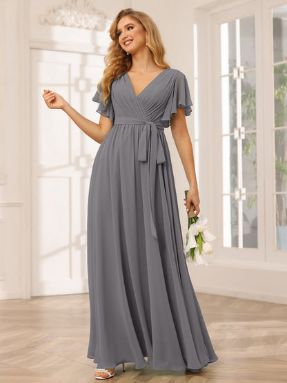 Forme Princesse Col V Manches courtes Longue Robes de demoiselle d'honneur avec Ceinture