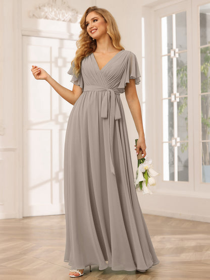Forme Princesse Col V Manches courtes Longue Robes de demoiselle d'honneur avec Ceinture