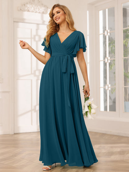 Forme Princesse Col V Manches courtes Longue Robes de demoiselle d'honneur avec Ceinture