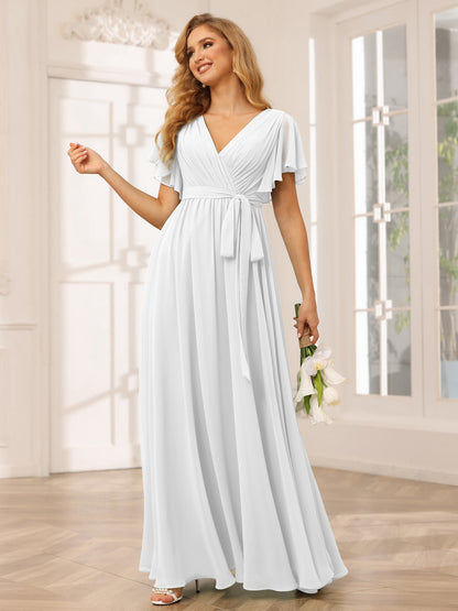 Forme Princesse Col V Manches courtes Longue Robes de demoiselle d'honneur avec Ceinture