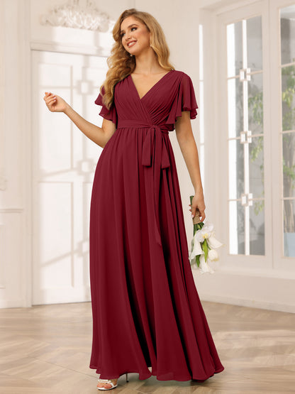 Forme Princesse Col V Manches courtes Longue Robes de demoiselle d'honneur avec Ceinture